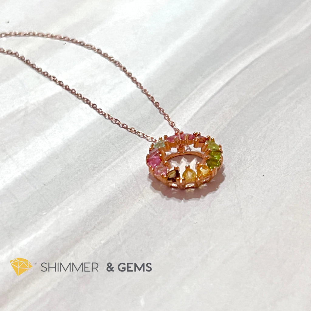 Mixed Tourmaline Circle 925 Silver Pendant (Rose Gold Filled) With Chain