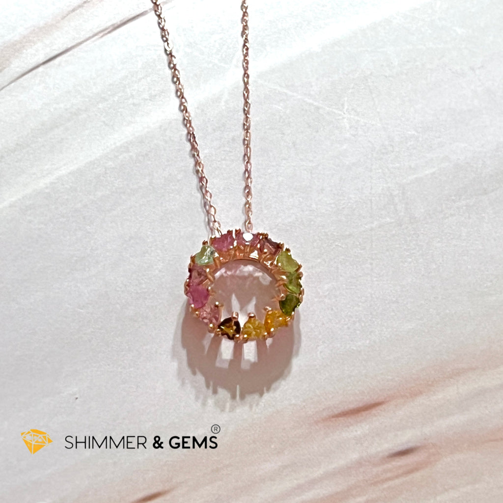 Mixed Tourmaline Circle 925 Silver Pendant (Rose Gold Filled) With Chain