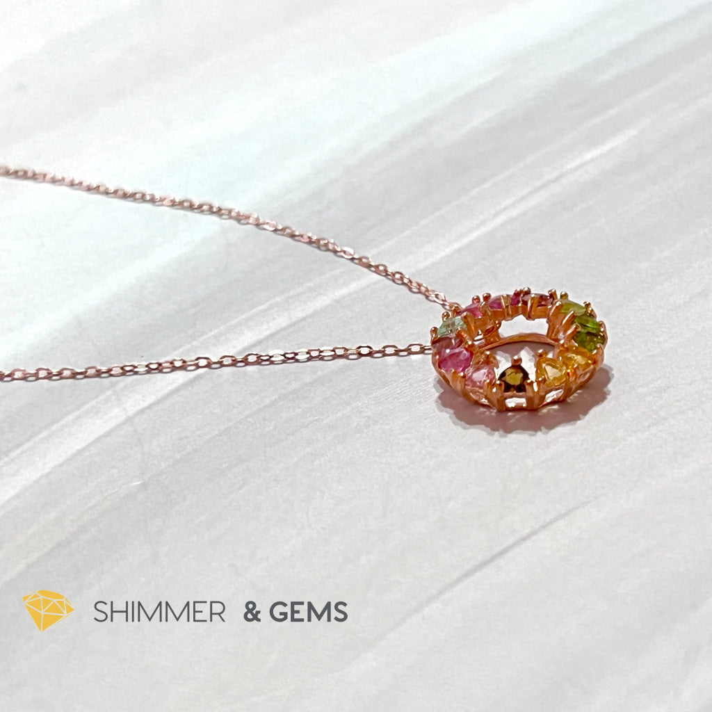 Mixed Tourmaline Circle 925 Silver Pendant (Rose Gold Filled) With Chain