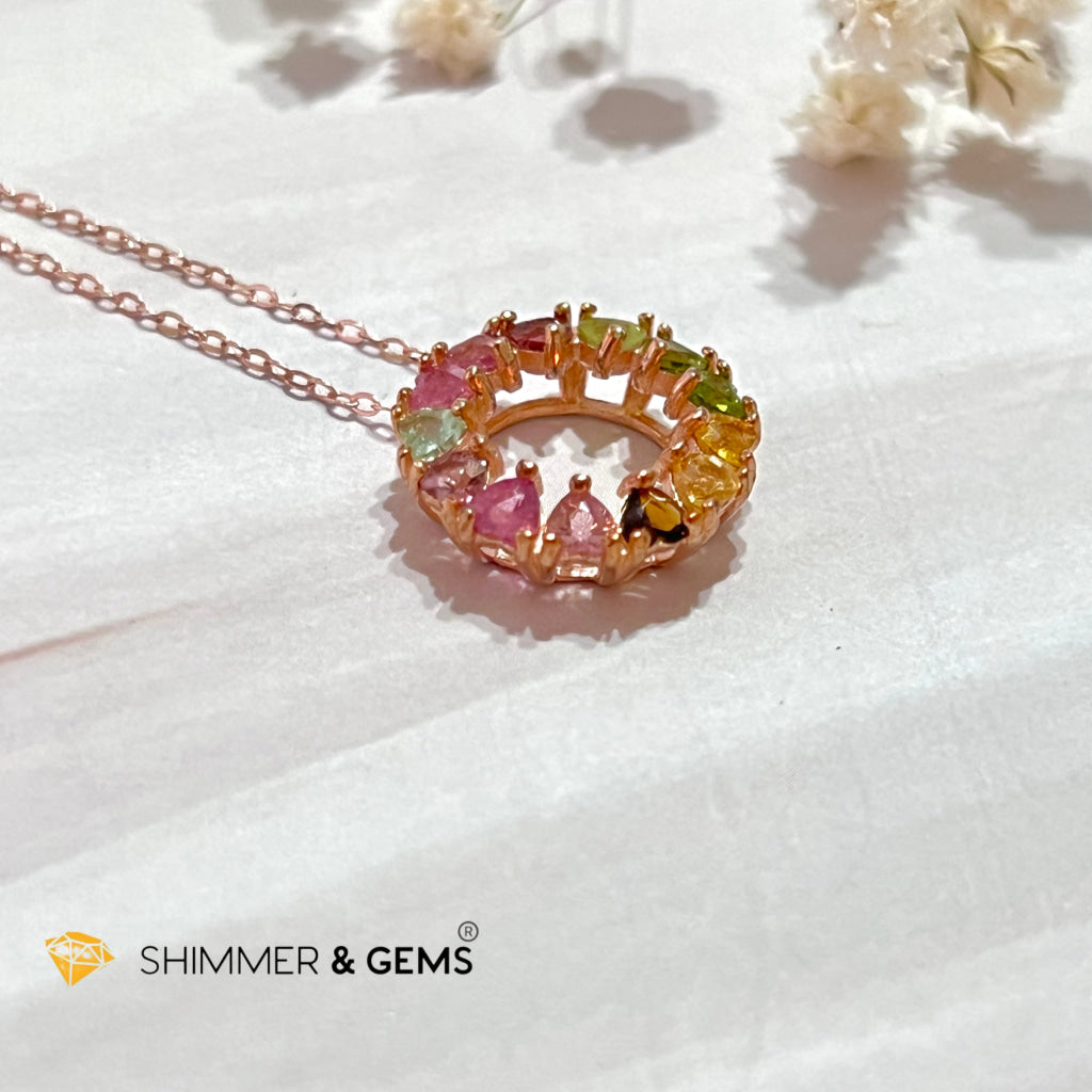 Mixed Tourmaline Circle 925 Silver Pendant (Rose Gold Filled) With Chain Chain (925 Rose Plated)