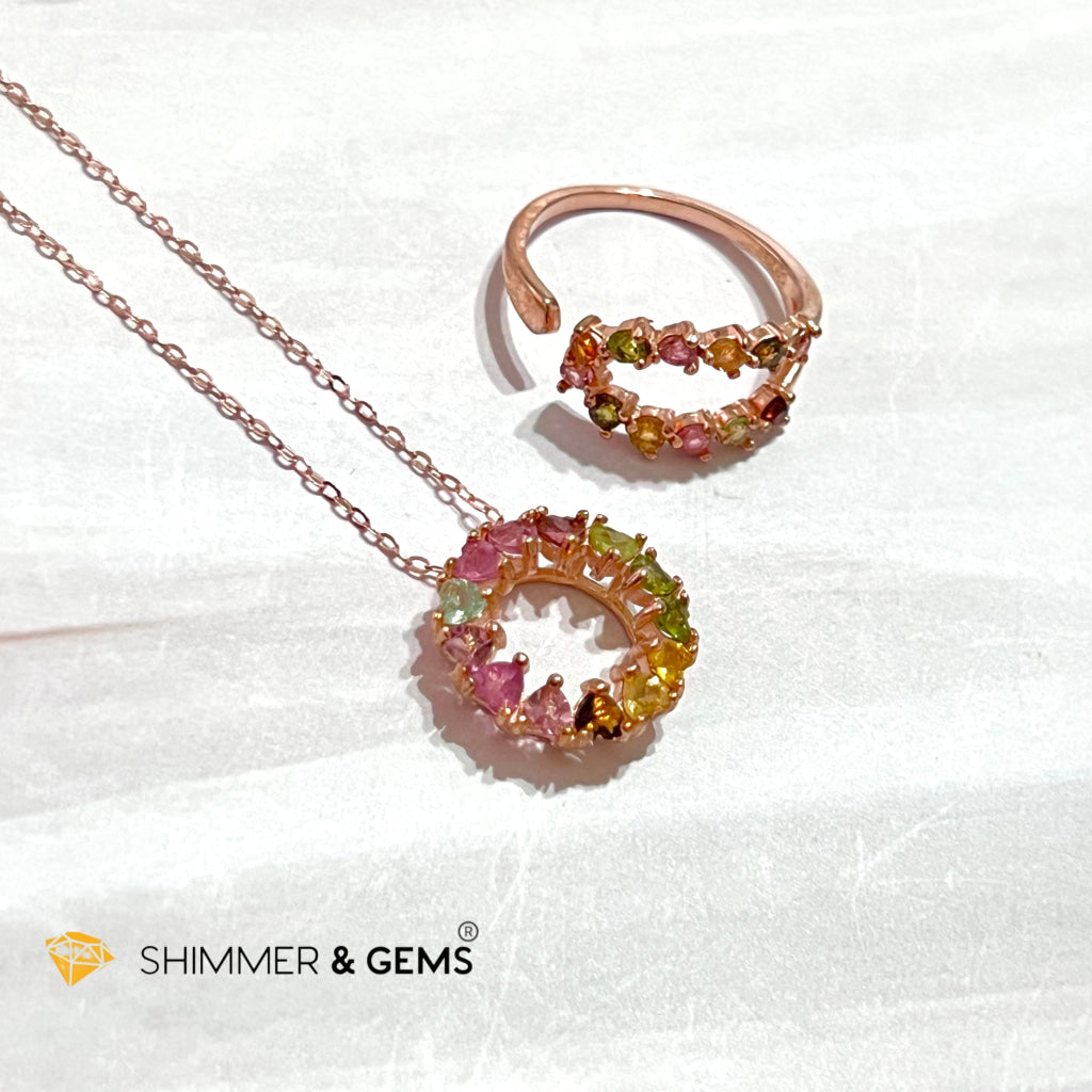 Mixed Tourmaline Circle 925 Silver Pendant (Rose Gold Filled) With Chain