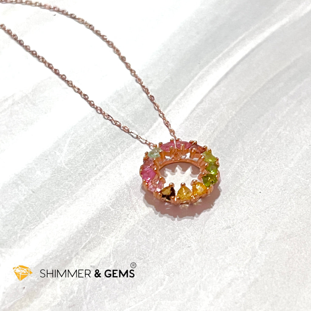 Mixed Tourmaline Circle 925 Silver Pendant (Rose Gold Filled) With Chain