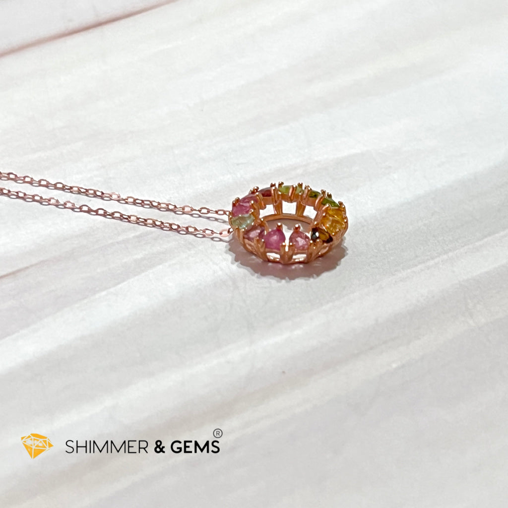 Mixed Tourmaline Circle 925 Silver Pendant (Rose Gold Filled) With Chain