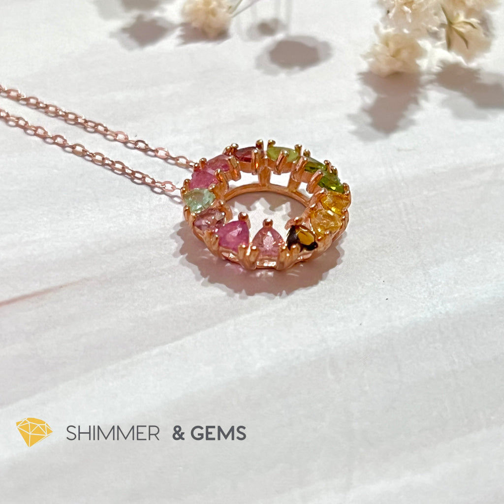 Mixed Tourmaline Circle 925 Silver Pendant (Rose Gold Filled) With Chain Chain (925 Rose Plated)
