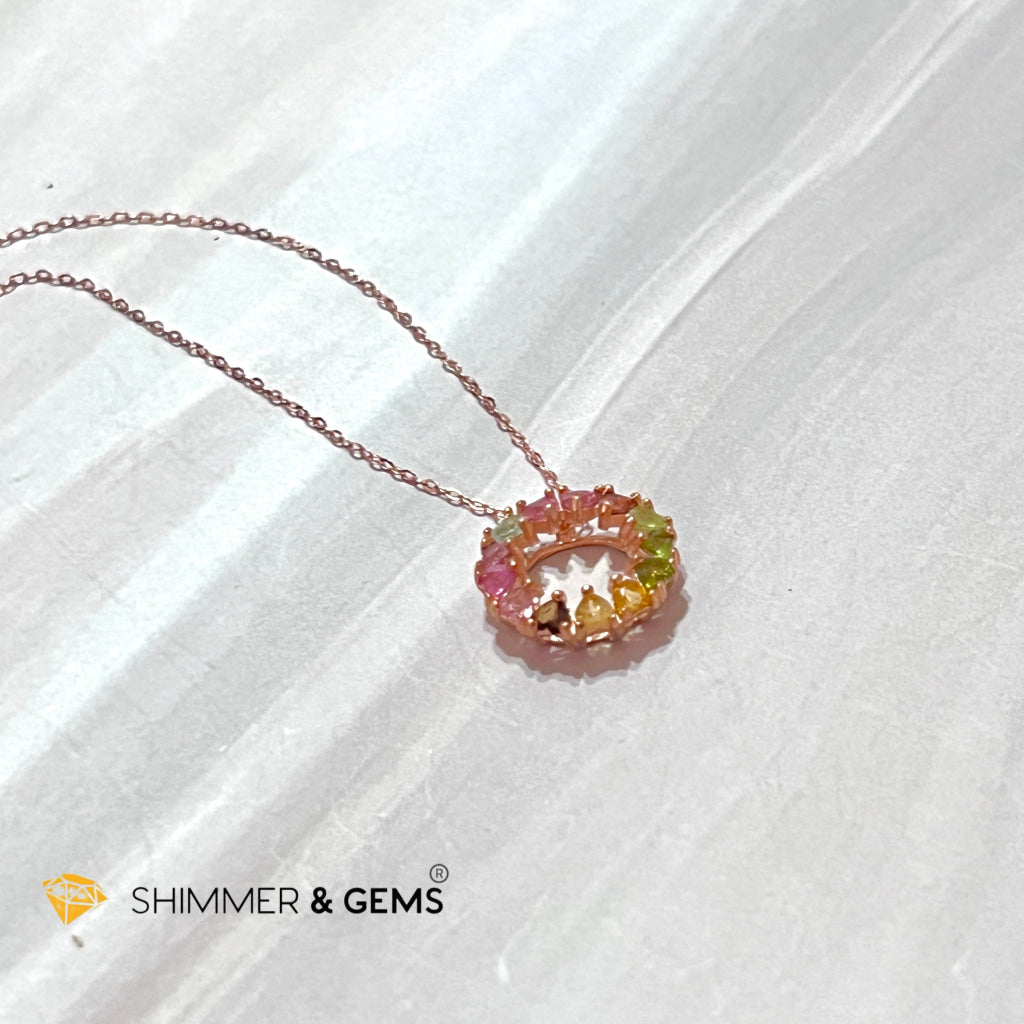 Mixed Tourmaline Circle 925 Silver Pendant (Rose Gold Filled) With Chain