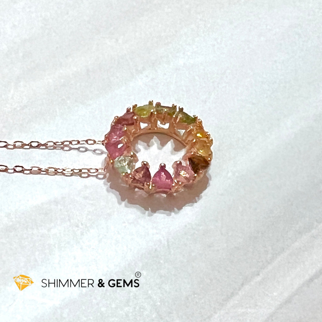 Mixed Tourmaline Circle 925 Silver Pendant (Rose Gold Filled) With Chain