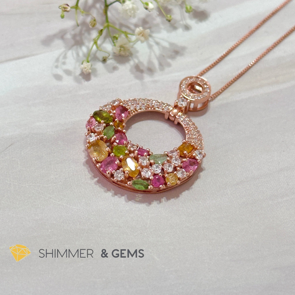Mixed Tourmaline Round 925 Silver Rose Gold Pendant With Chain