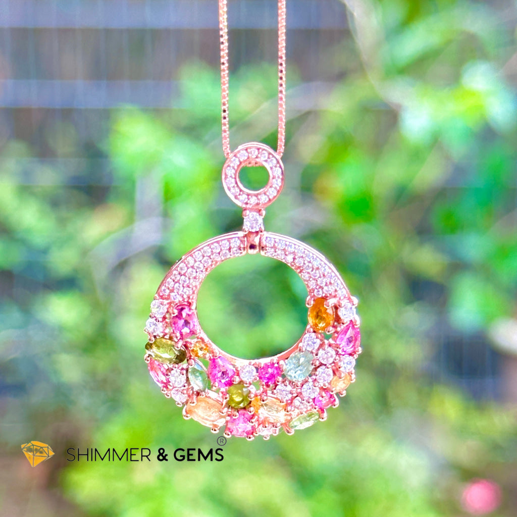 Mixed Tourmaline Round 925 Silver Rose Gold Pendant With Chain