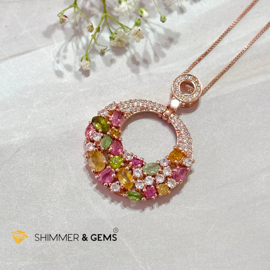 Mixed Tourmaline Round 925 Silver Rose Gold Pendant With Chain 35Mm 22Cm