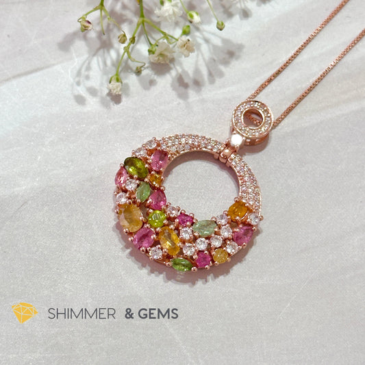Mixed Tourmaline Round 925 Silver Rose Gold Pendant With Chain 35Mm 22Cm