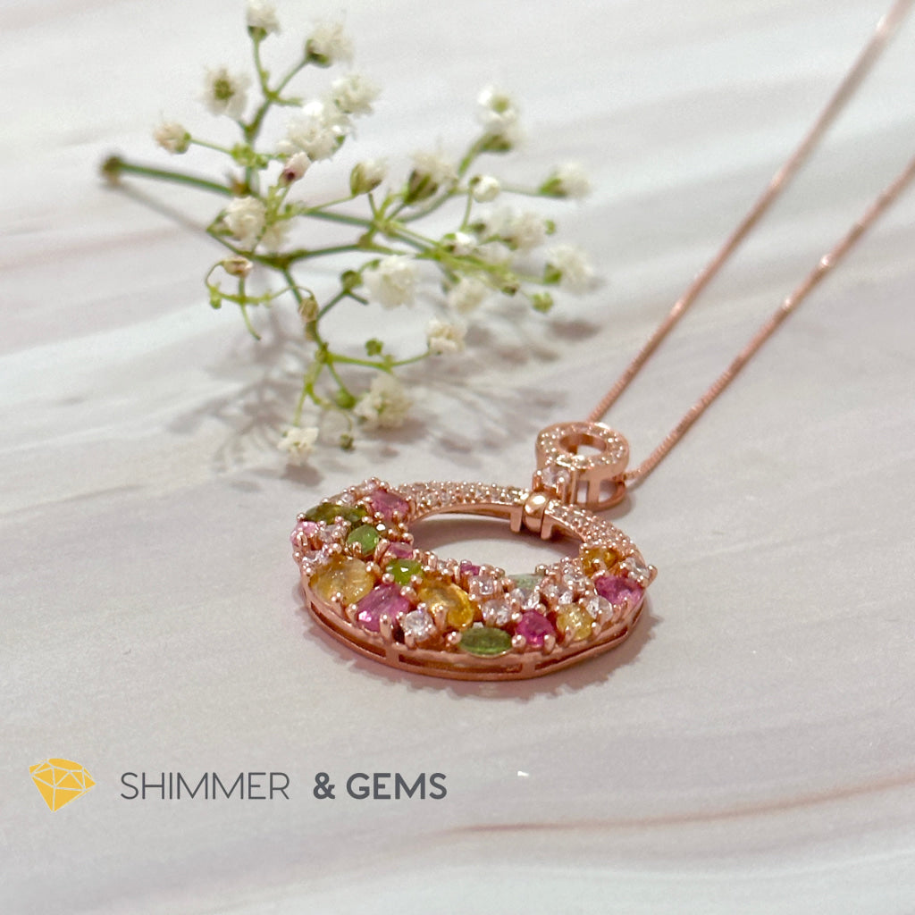 Mixed Tourmaline Round 925 Silver Rose Gold Pendant With Chain