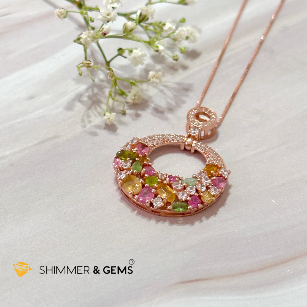 Mixed Tourmaline Round 925 Silver Rose Gold Pendant With Chain