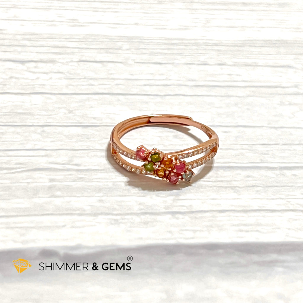 Mixed Tourmaline (Watermelon Tourmaline) Double Line Rose Gold 925 Silver Ring