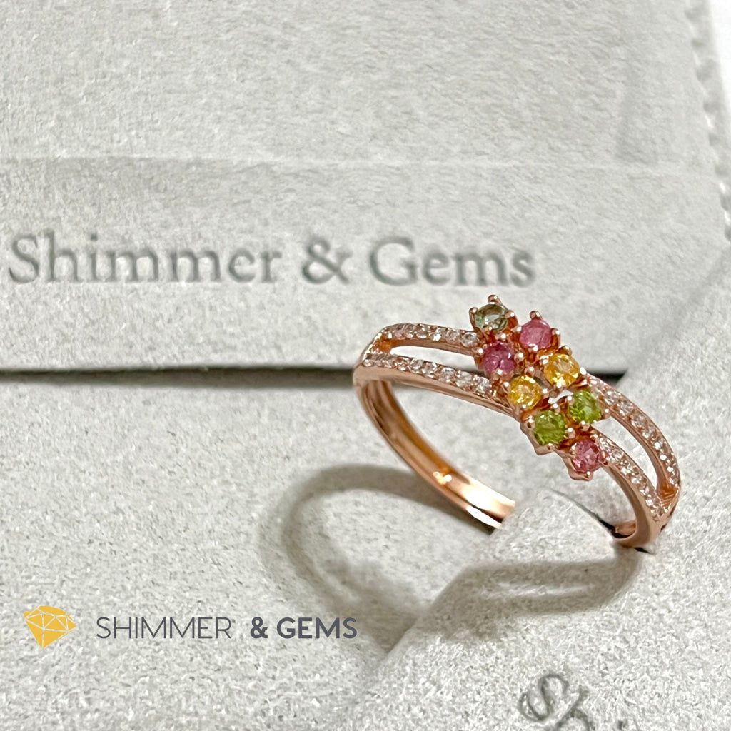 Mixed Tourmaline (Watermelon Tourmaline) Double Line Rose Gold 925 Silver Ring
