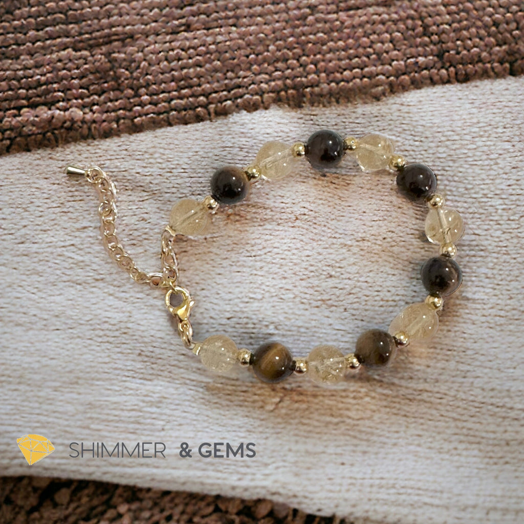 Money Booster 8mm Bracelet with stainless steel beads and chain (Citrine & Tiger’s Eye)