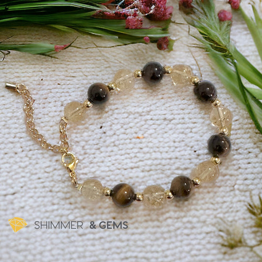 Money Booster 8mm Bracelet with stainless steel beads and chain (Citrine & Tiger’s Eye)