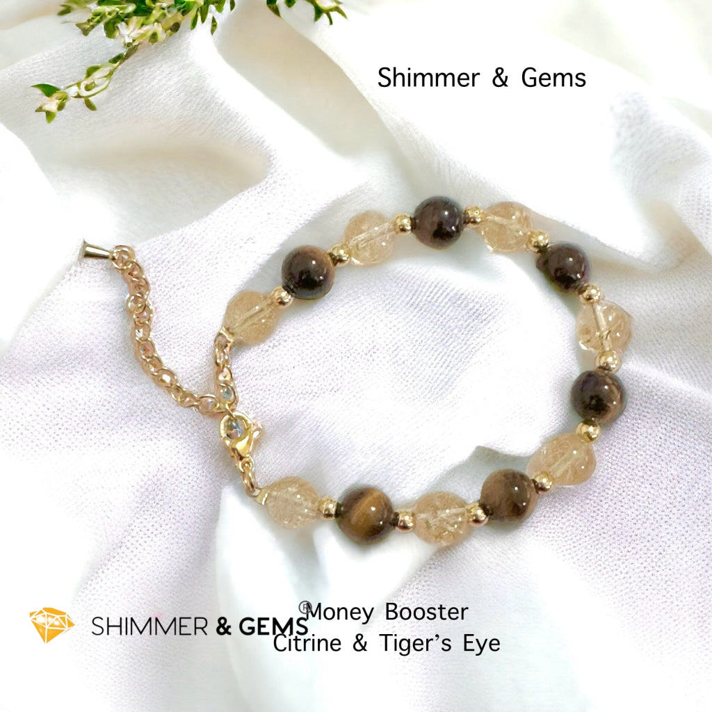 Money Booster 8mm Bracelet with stainless steel beads and chain (Citrine & Tiger’s Eye)
