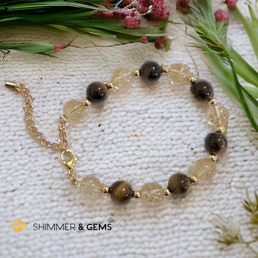 Money Booster 8mm Bracelet with stainless steel beads and chain (Citrine & Tiger’s Eye)