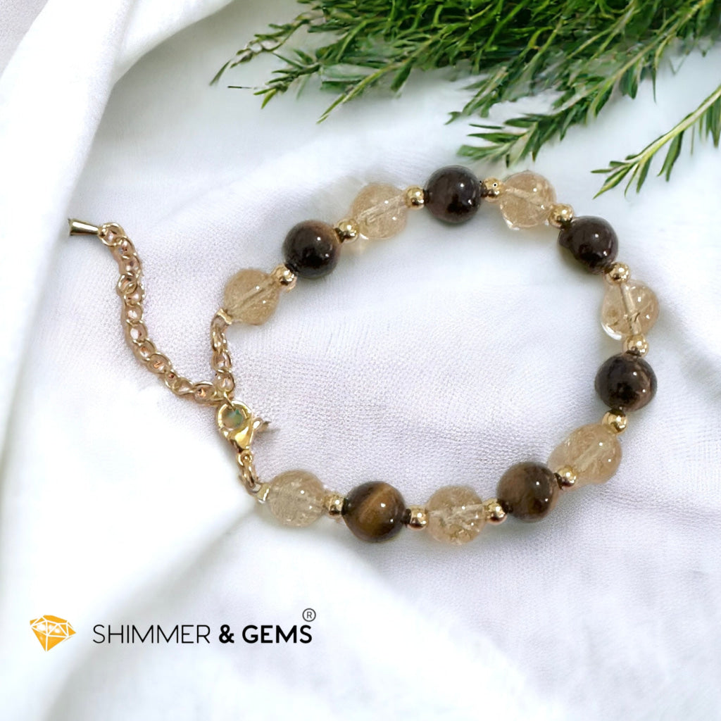 Money Booster 8mm Bracelet with stainless steel beads and chain (Citrine & Tiger’s Eye)