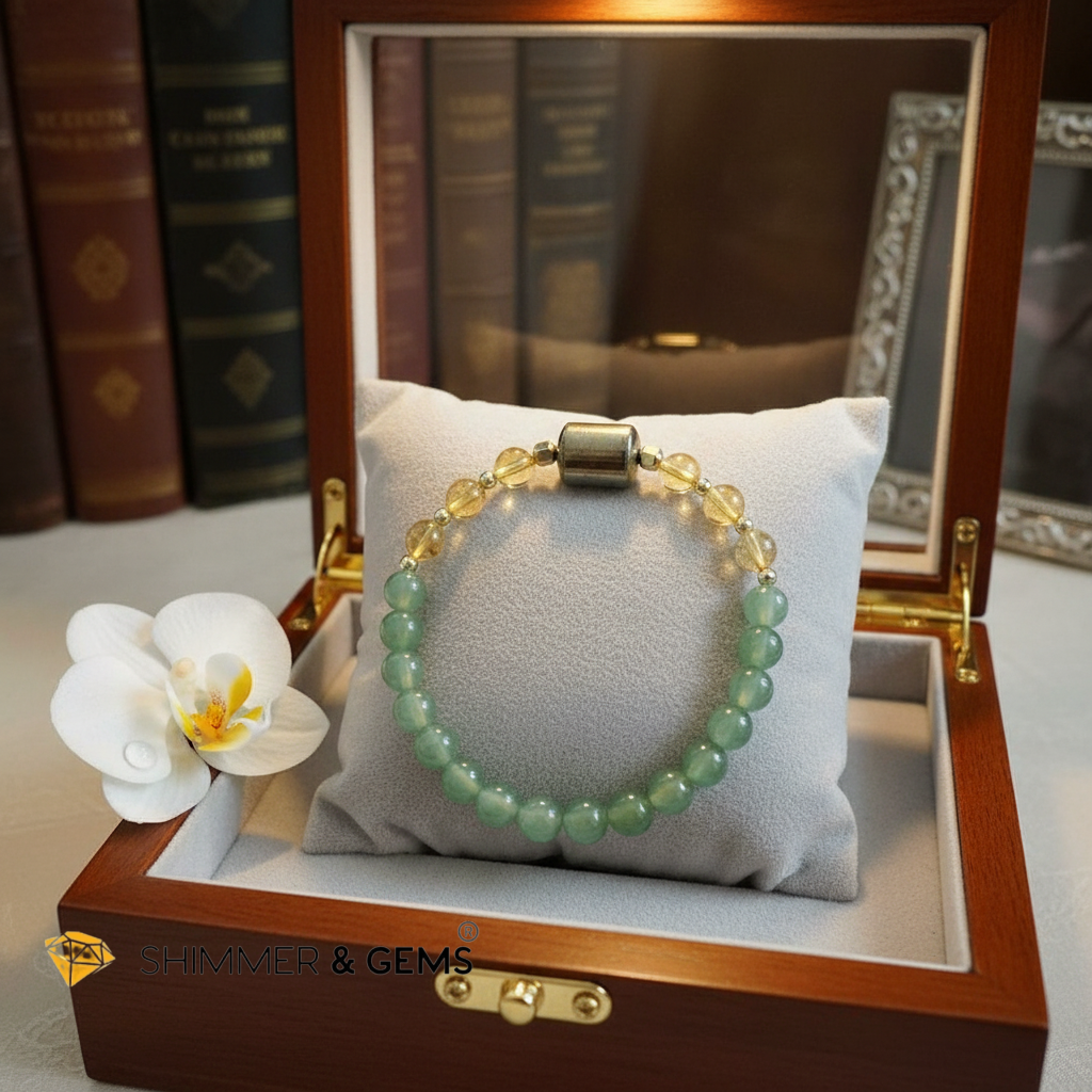 Money Catcher Bracelet
(Pyrite, 6mm Citrine, Green Aventurine, 14K Gold Filled)
