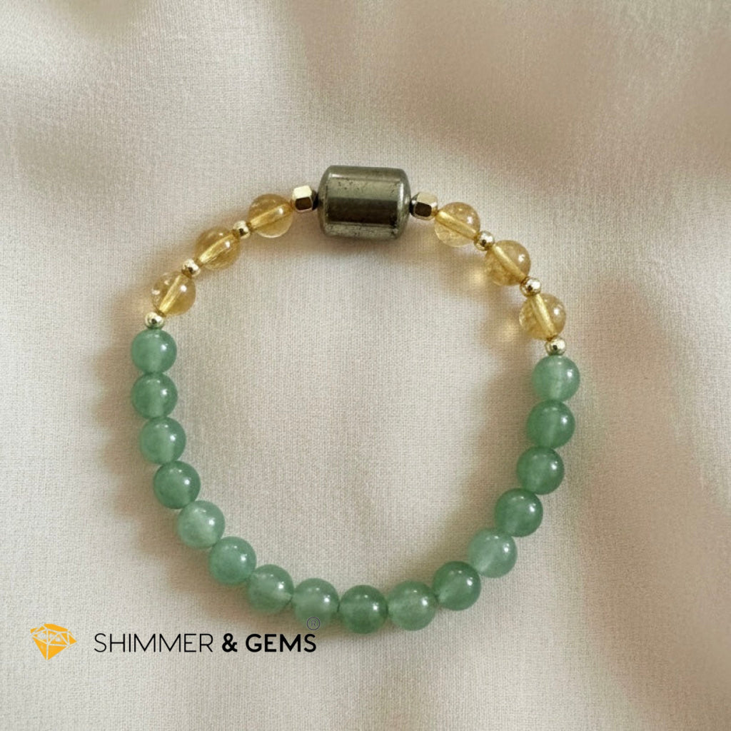 Money Catcher Bracelet
(Pyrite, 6mm Citrine, Green Aventurine, 14K Gold Filled)