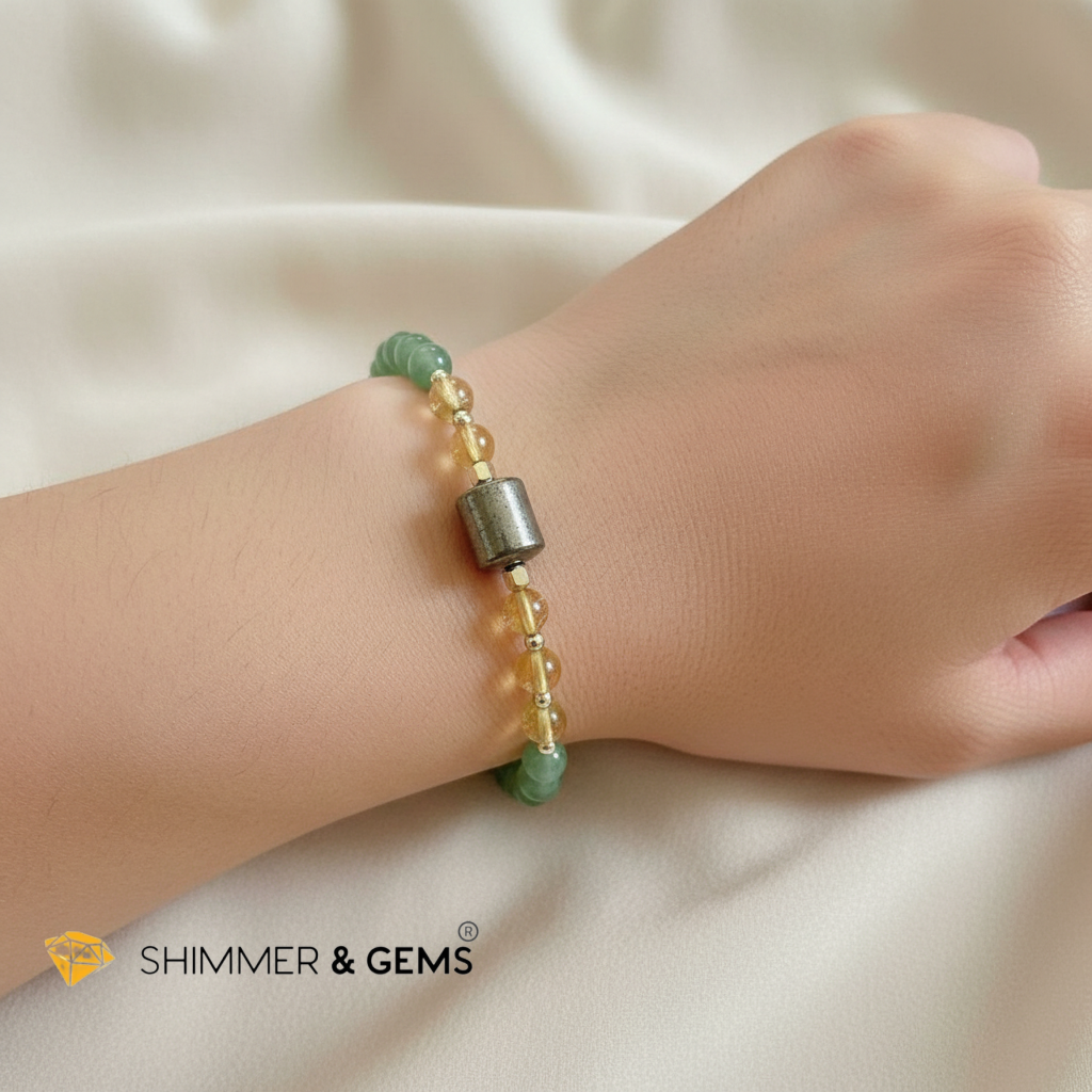 Money Catcher Bracelet
(Pyrite, 6mm Citrine, Green Aventurine, 14K Gold Filled)
