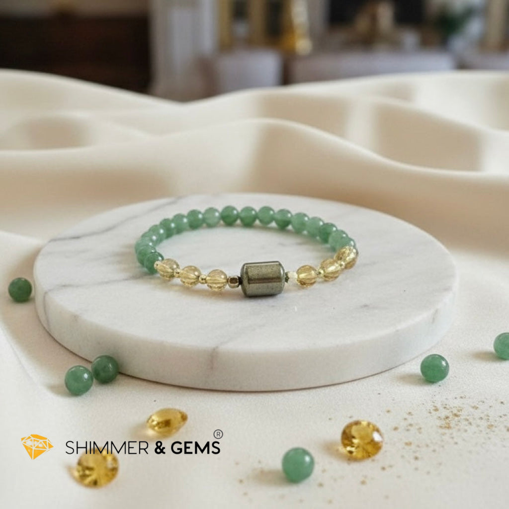 Money Catcher Bracelet
(Pyrite, 6mm Citrine, Green Aventurine, 14K Gold Filled)