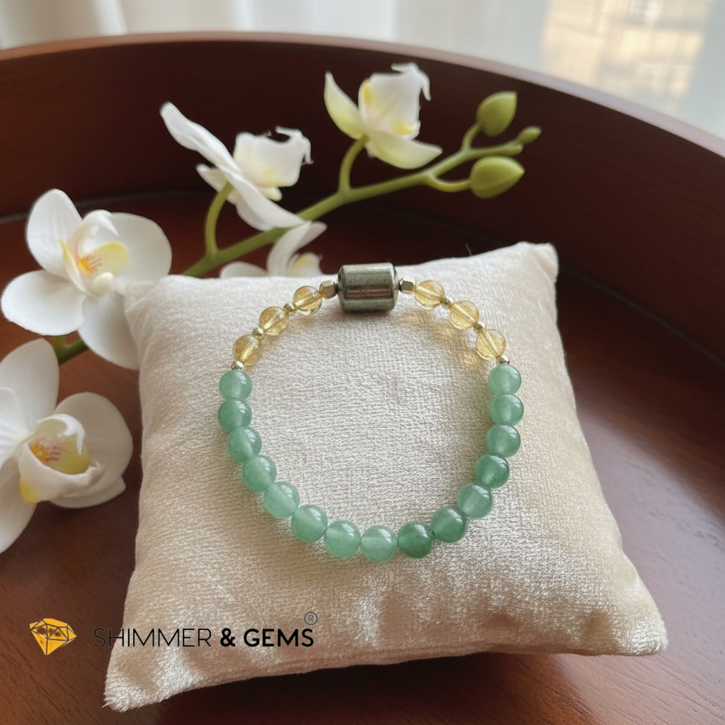 Money Catcher Bracelet
(Pyrite, 6mm Citrine, Green Aventurine, 14K Gold Filled)