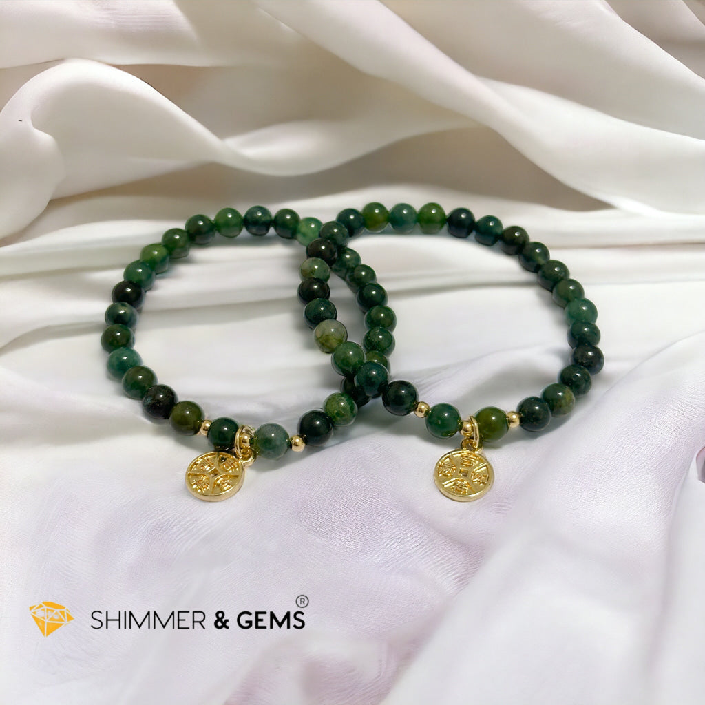 Money Grows Bracelet (Moss Agate 6mm with Lucky Coin Copper Charm)