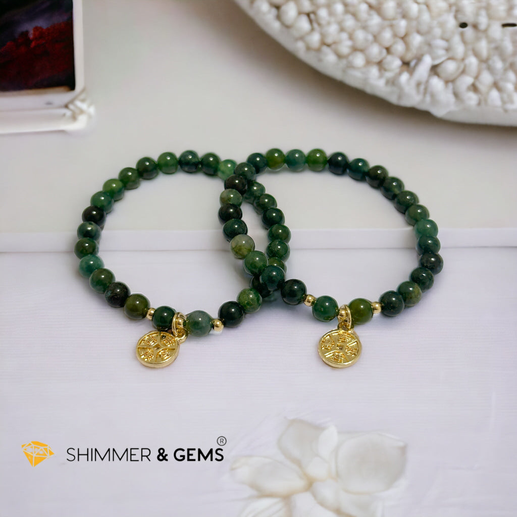 Money Grows Bracelet (Moss Agate 6mm with Lucky Coin Copper Charm)