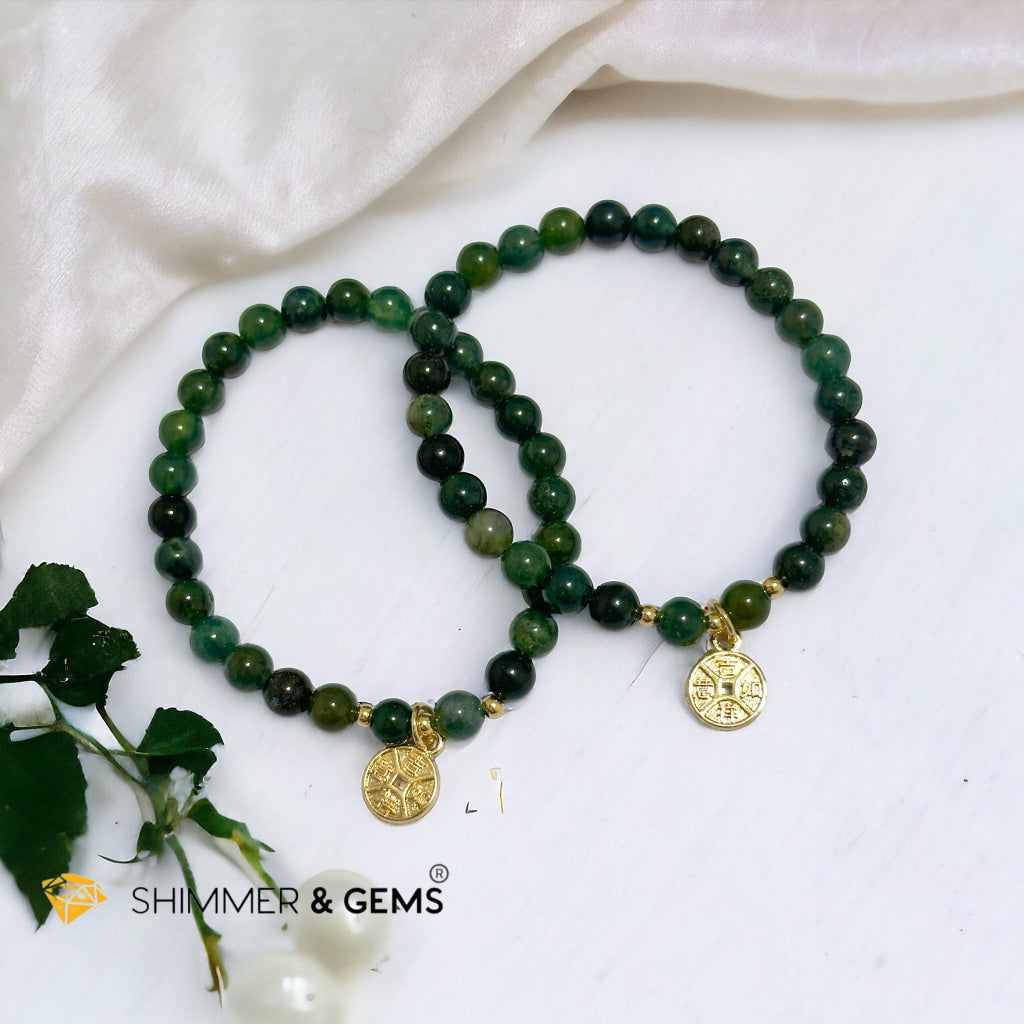 Money Grows Bracelet (Moss Agate 6mm with Lucky Coin Copper Charm)