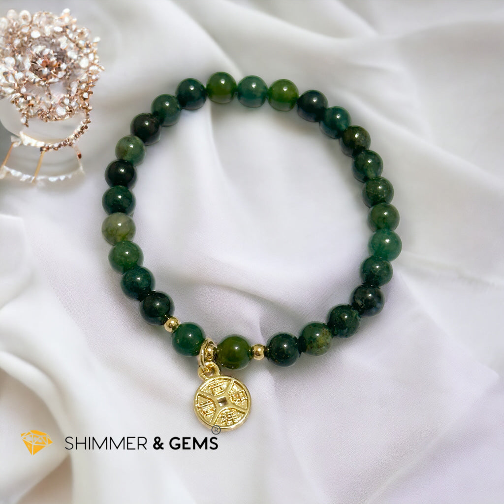 Money Grows Bracelet (Moss Agate 6mm with Lucky Coin Copper Charm)