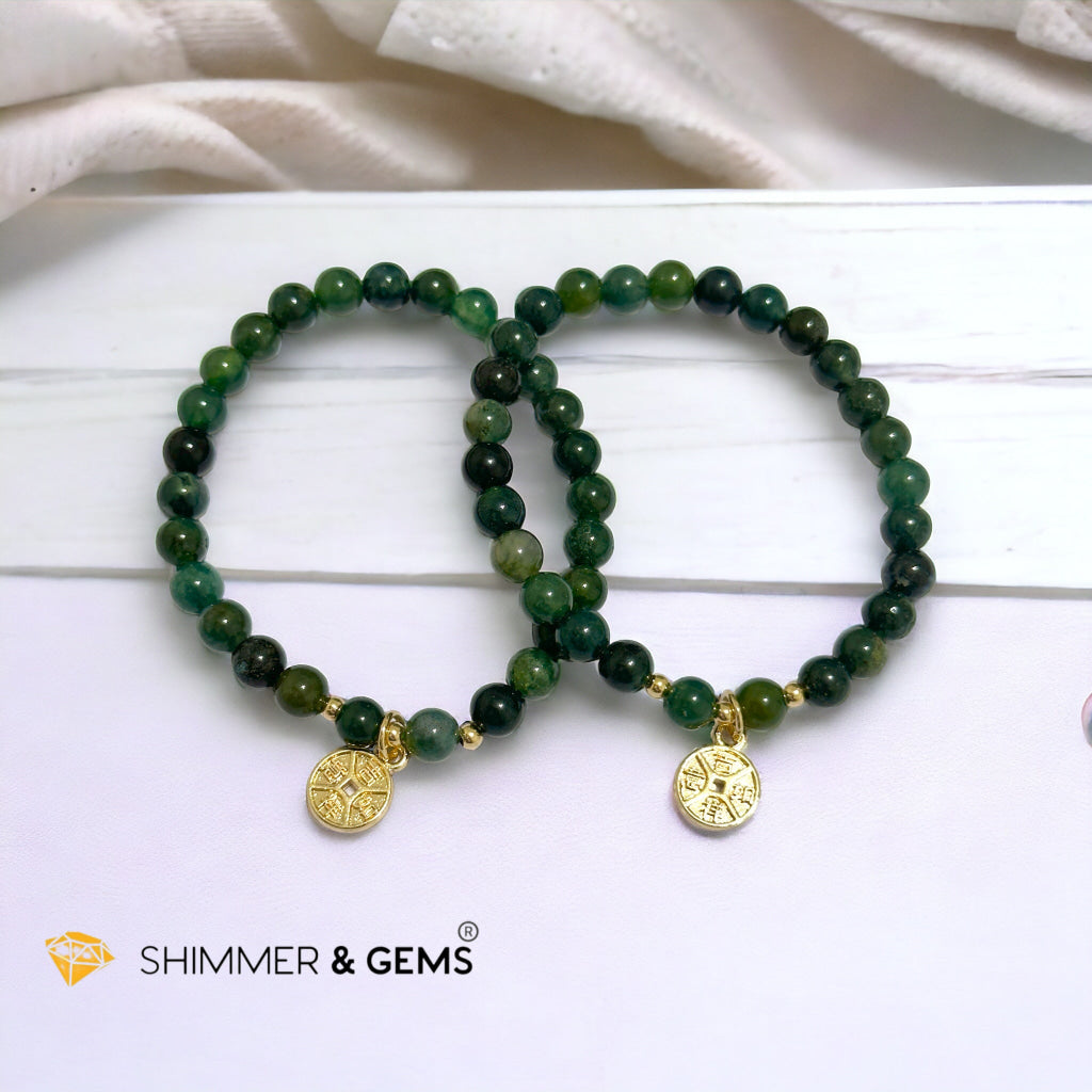 Money Grows Bracelet (Moss Agate 6mm with Lucky Coin Copper Charm)