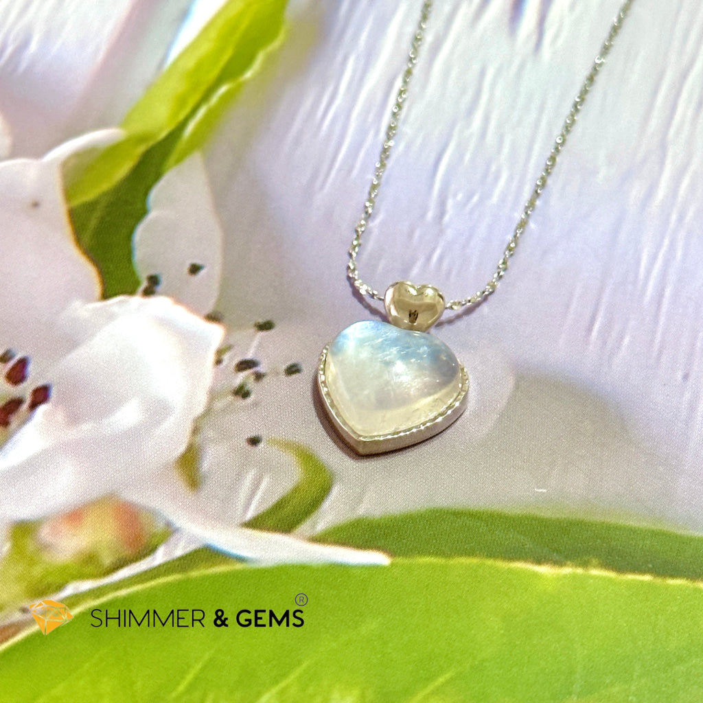 Moonstone Heart 925 Silver Pendant With Chain Charms & Pendants
