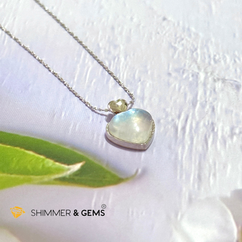 Moonstone Heart 925 Silver Pendant With Chain Charms & Pendants