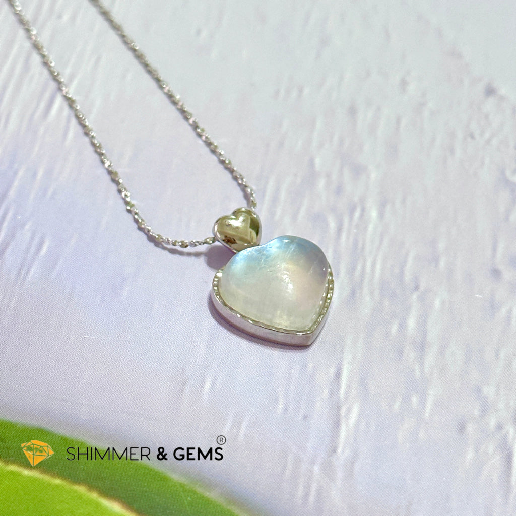Moonstone Heart 925 Silver Pendant With Chain Charms & Pendants