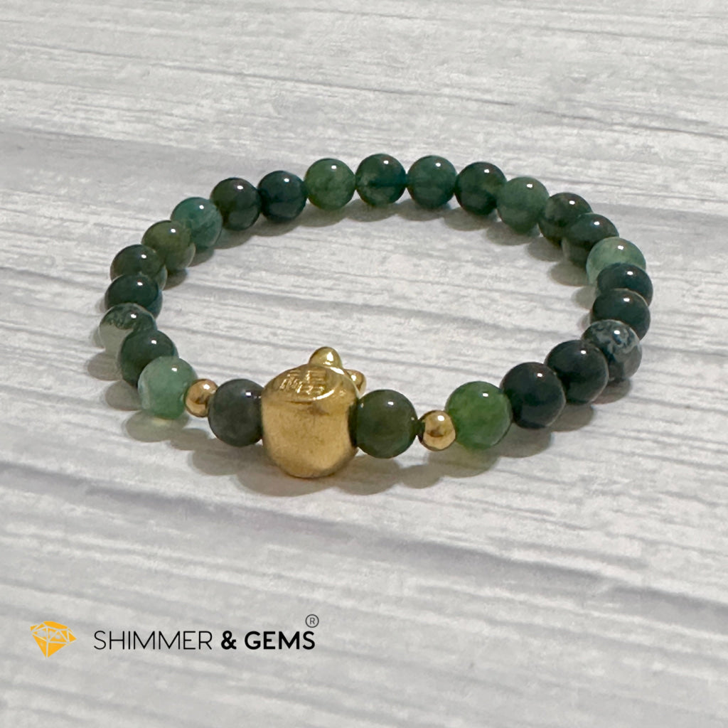 Moss Agate Money Bag Bracelet (6mm) 24K Gold Filled Brass