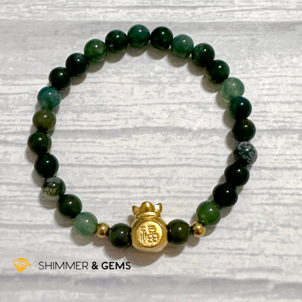 Moss Agate Money Bag Bracelet (6mm) 24K Gold Filled Brass