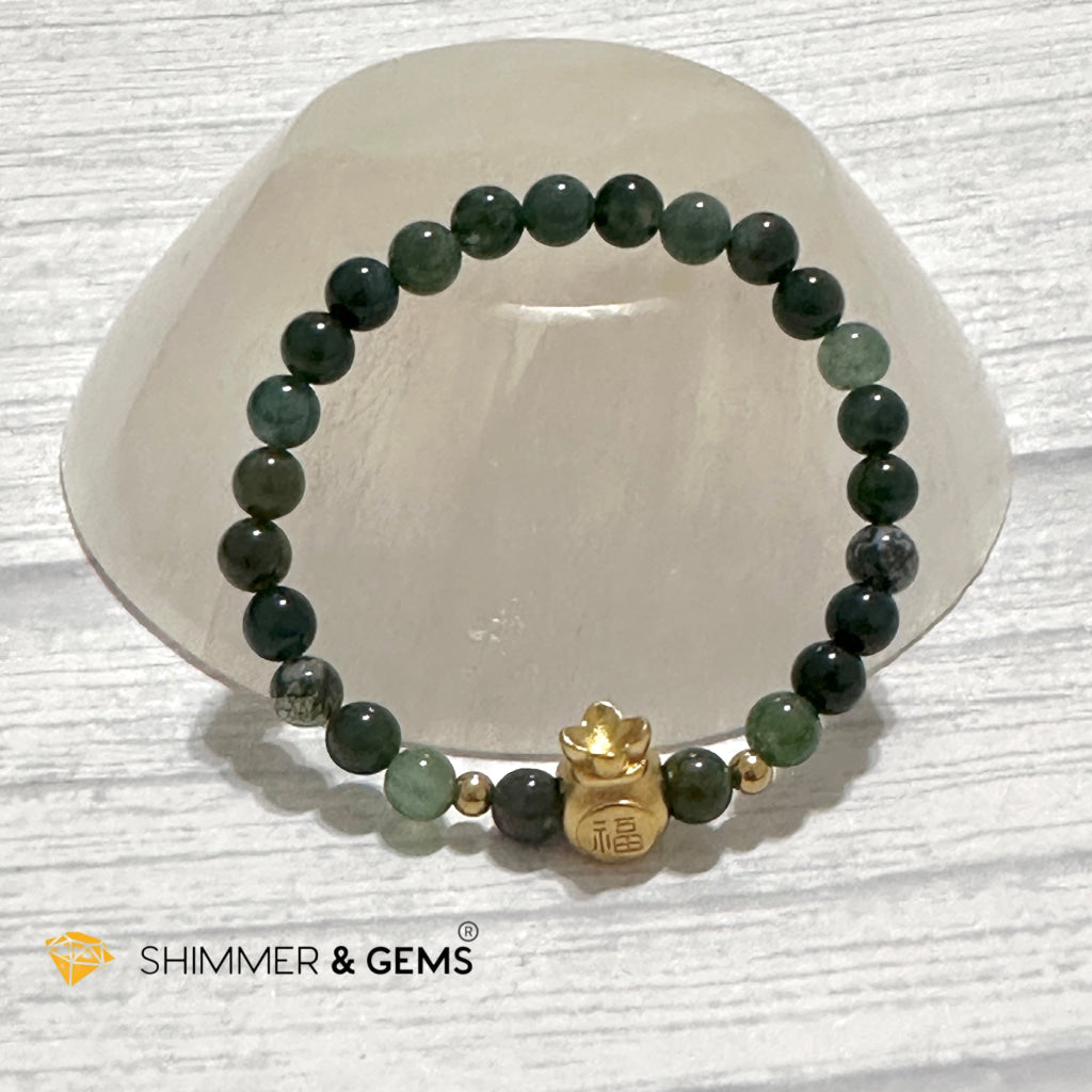 Moss Agate Money Bag Bracelet (6mm) 24K Gold Filled Brass