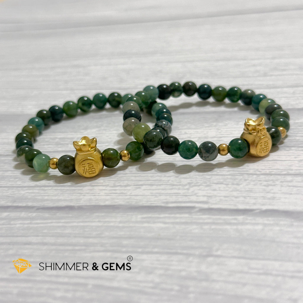 Moss Agate Money Bag Bracelet (6mm) 24K Gold Filled Brass