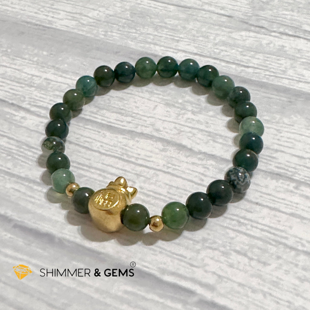 Moss Agate Money Bag Bracelet (6mm) 24K Gold Filled Brass