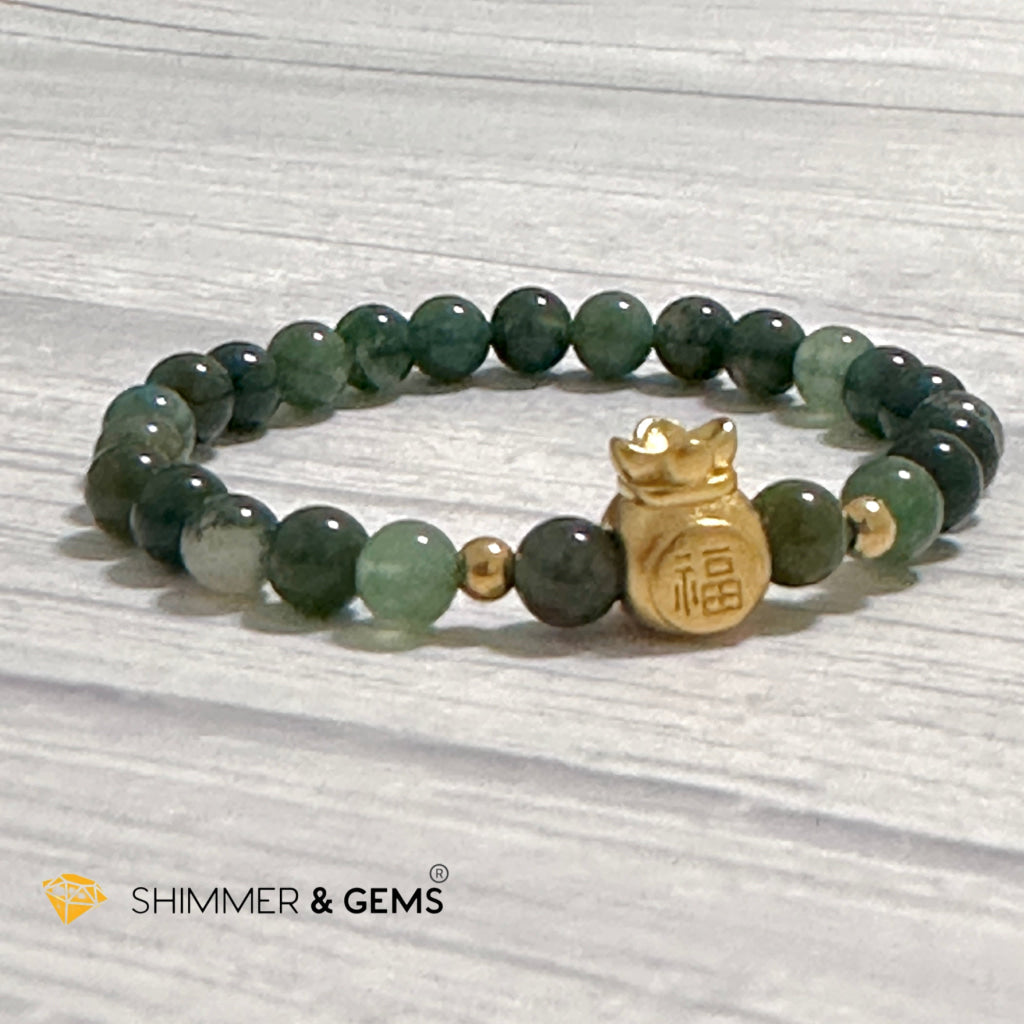 Moss Agate Money Bag Bracelet (6mm) 24K Gold Filled Brass