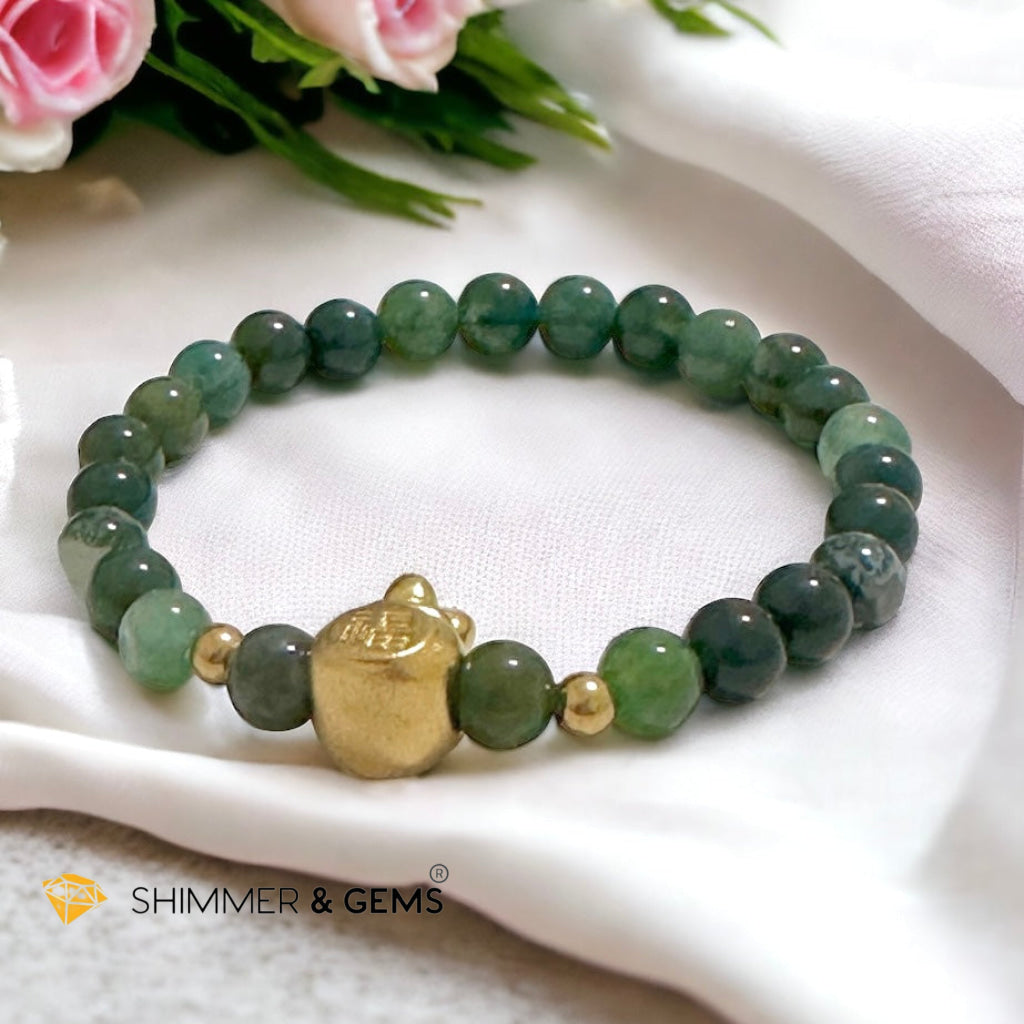 Moss Agate Money Bag Bracelet (6mm) 24K Gold Filled Brass