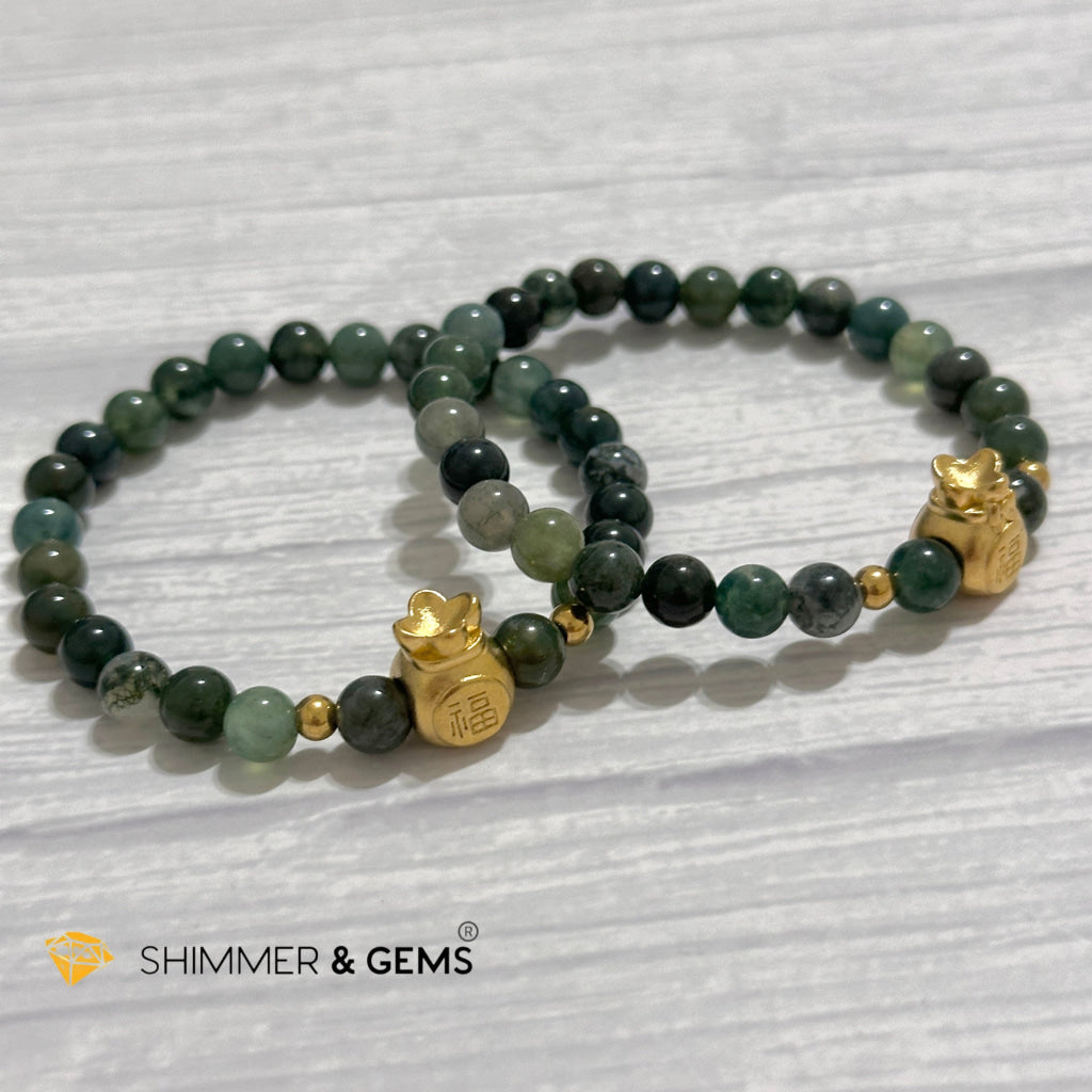 Moss Agate Money Bag Bracelet (6mm) 24K Gold Filled Brass