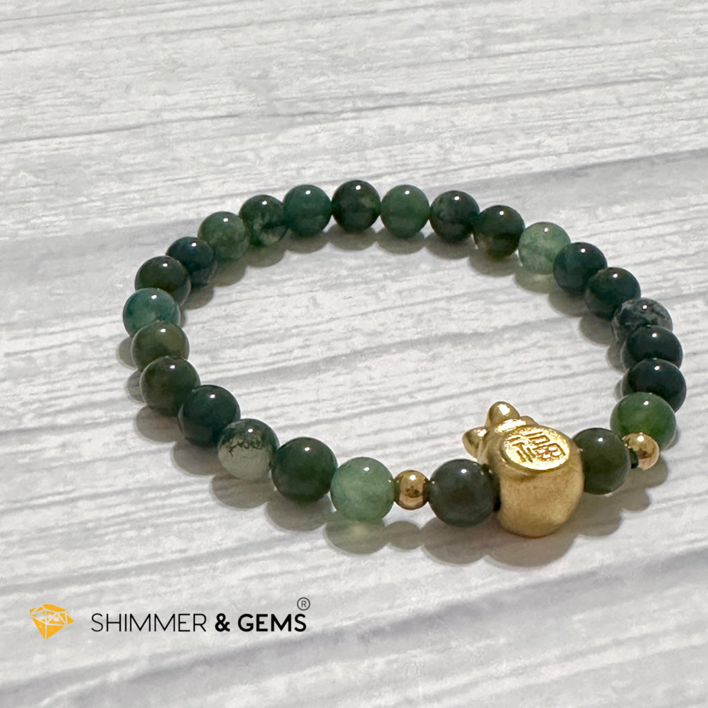 Moss Agate Money Bag Bracelet (6mm) 24K Gold Filled Brass