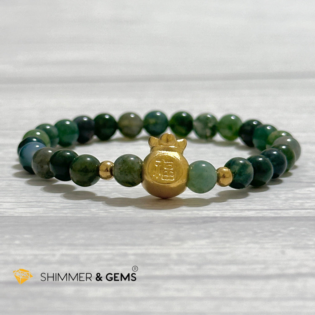 Moss Agate Money Bag Bracelet (6mm) 24K Gold Filled Brass