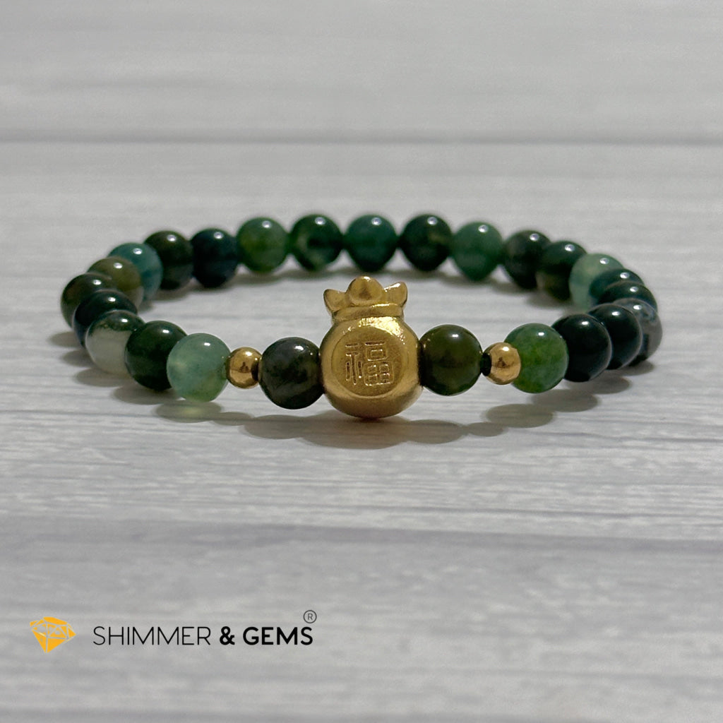 Moss Agate Money Bag Bracelet (6mm) 24K Gold Filled Brass