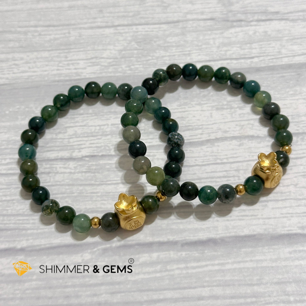 Moss Agate Money Bag Bracelet (6mm) 24K Gold Filled Brass