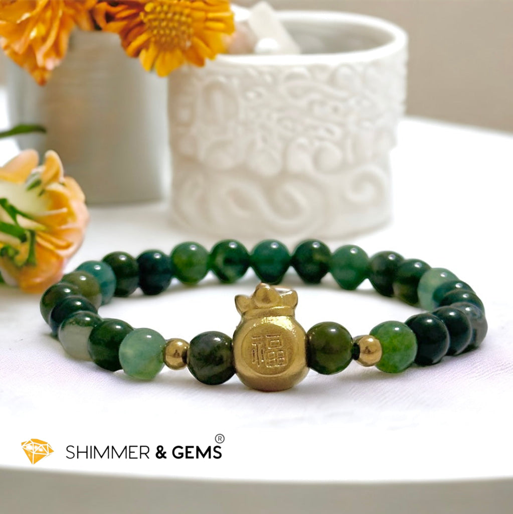 Moss Agate Money Bag Bracelet (6mm) 24K Gold Filled Brass