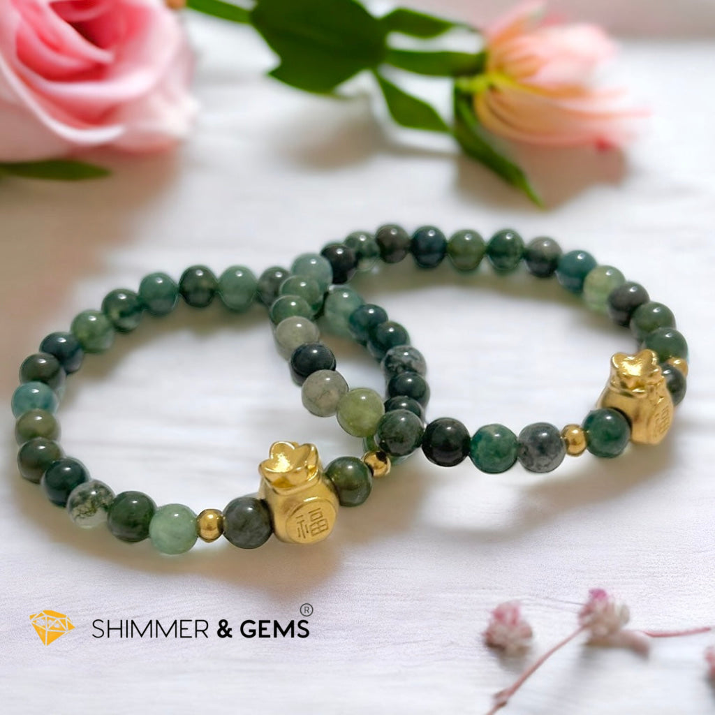 Moss Agate Money Bag Bracelet (6mm) 24K Gold Filled Brass